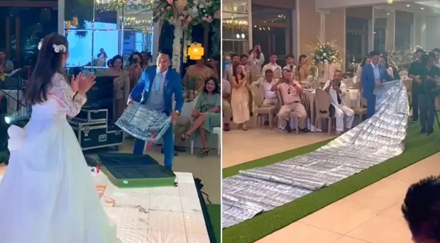 An interesting gift from the groom to the bride: He spread 17 thousand dollars in front of the bride like a carpet.