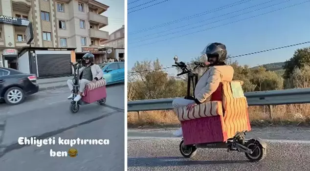 Interesting moments in traffic: He mounted a seat on a scooter.