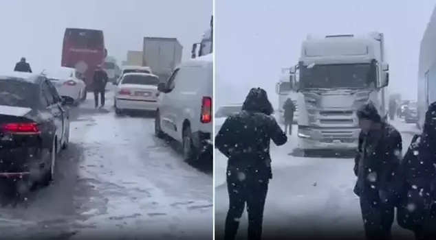 Due to heavy snow on the Ankara-Istanbul road, traffic came to a standstill, and citizens waited on the road for minutes.