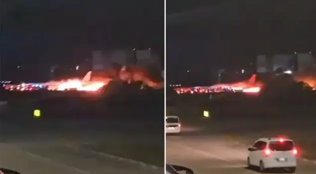 Fire on passenger plane landing at Antalya Airport.