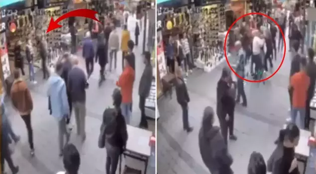 The man who tripped the young girl walking on the street received a beating from the shopkeepers.