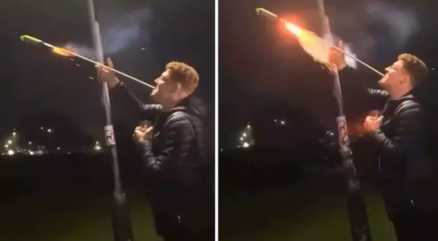 He experienced the shock of his life when the firework he had in his mouth exploded.