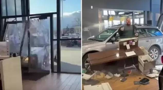 The angry driver crashed into the dealership when he couldn't get his money back.