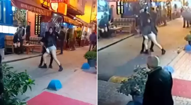 In Taksim, the fight between two intoxicated women was difficult to break up; those moments were captured on camera.