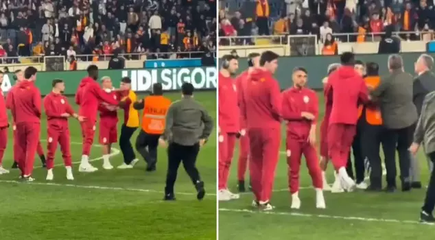 Pre-match incident: A fan entered the field and ran into the Galatasaray players.