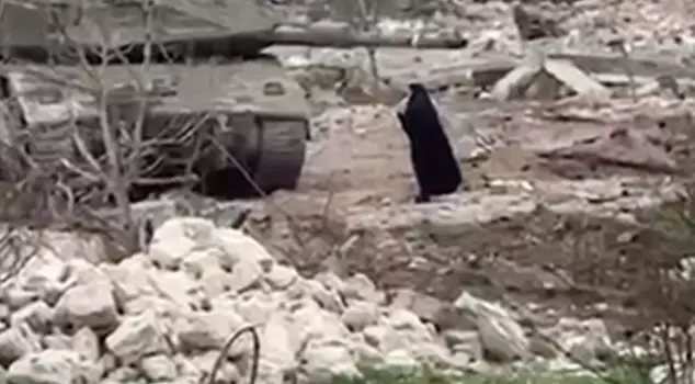 A Lebanese woman stood in front of the tanks and challenged the Israeli soldiers.