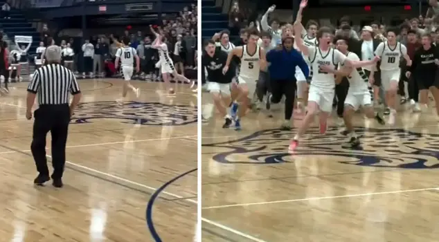 It's not an NBA game, it's a school tournament! The gym erupted with a three-pointer made in the last second.