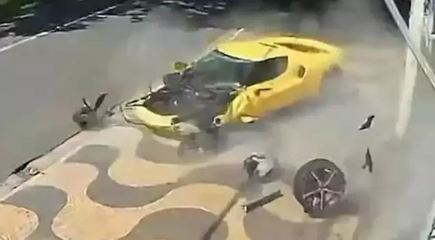 The Ferrari, worth 14 million, crashed into a wall after losing control and was totaled.