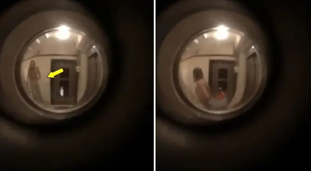 The person who installed a camera on the door viewer couldn't believe what he saw.