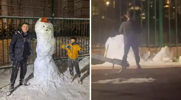 The 8-year-old child held a funeral prayer for the snowman that had fallen down.