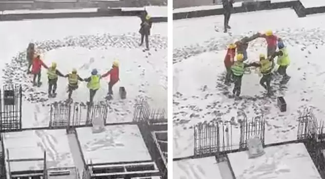 Construction workers danced the horon under the snow.