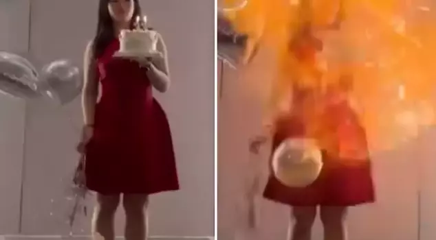 The woman's face was burned by the exploding hydrogen balloon she was holding.