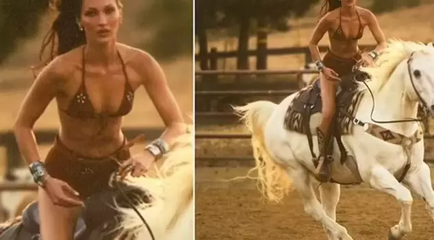 Bella Hadid posed on a horse wearing a bikini top and mini shorts.