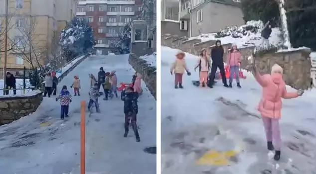 The children sprayed the snow with the snowball maker.