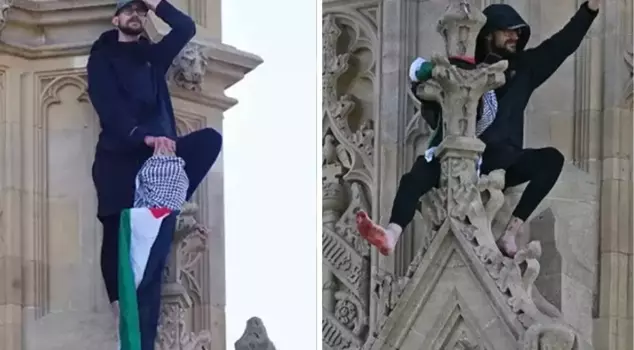 A protester climbed the famous Tower of London and unfurled a Palestinian flag, locking down the city.