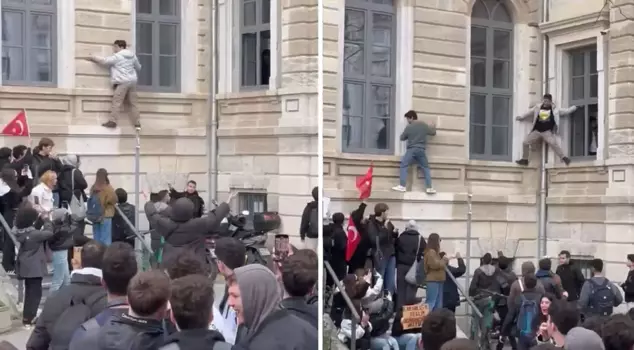 The security locked the building doors, and the students went out through the windows for the protest.