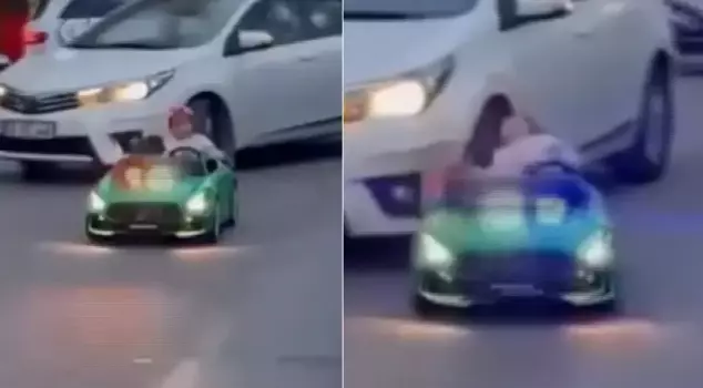 The car hit the electric vehicle that the child was riding.