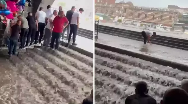 Hail and heavy rain paralyzed life in Diyarbakır! The Grand Mosque turned into a waterfall.