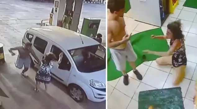 A brutal beating of a young woman at a gas station.