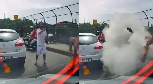 Interesting moments in traffic! When she saw the knife, she started squeezing the fire extinguisher.