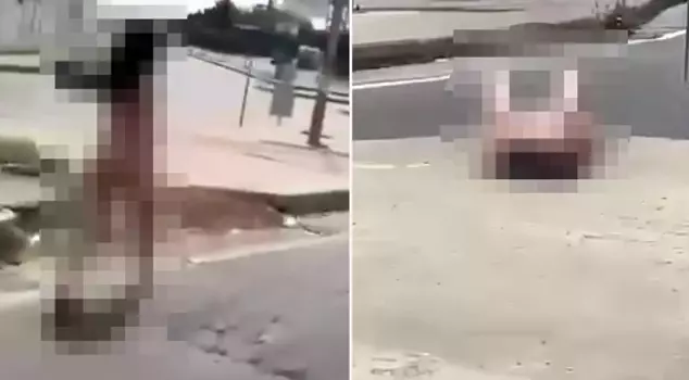 She walked naked in the middle of the street, then lay down on the sidewalk.