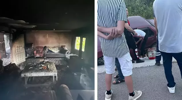 The woman who set fire to the house she was staying in with her boyfriend had an accident while fleeing.