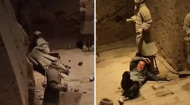 A tourist breached the security barriers and damaged 2,000-year-old statues.
