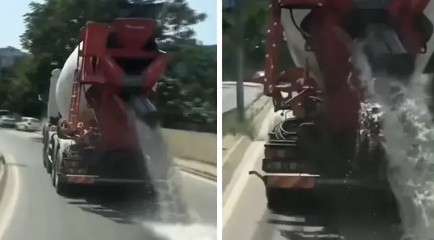 In Istanbul, a dump truck spilled concrete water onto the road.