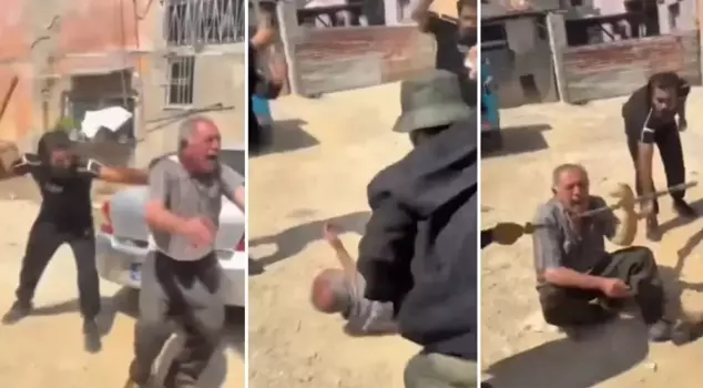 They ruthlessly beat the old man with the sticks they had in their hands.