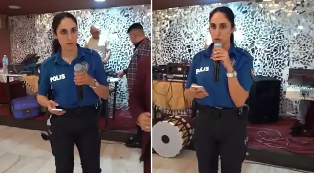 A police officer at a Syrian wedding! Here is the announcement he made on stage.