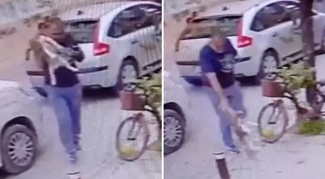 He threw the dog to the ground and grabbed its throat; those moments were captured on camera.