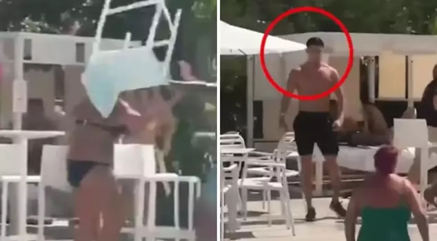 The English footballer attacked the woman he was arguing with by the pool with a chair.