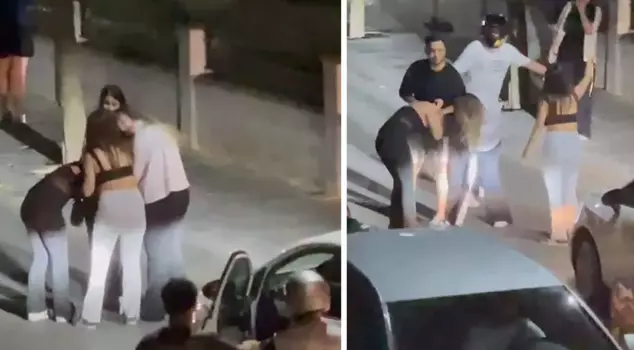 Two young girls got into a hair-pulling fight in the middle of the street.
