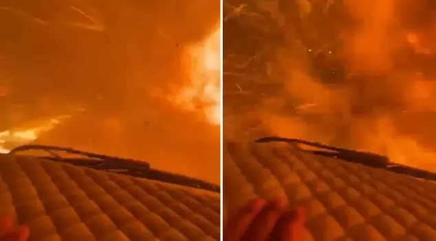 He quickly passed through the flames in his vehicle.