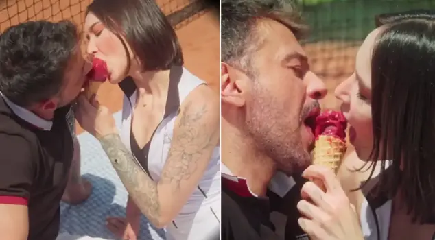 A bold clip from Emre Altuğ! He shared the same ice cream with his partner.