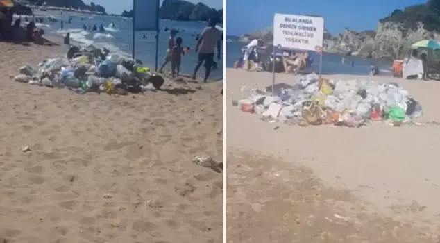 Istanbul's famous beach is littered with trash.