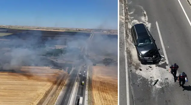 A stubble fire that broke out in Edirne reached the highway: 1 person was injured in an accident involving 5 vehicles.