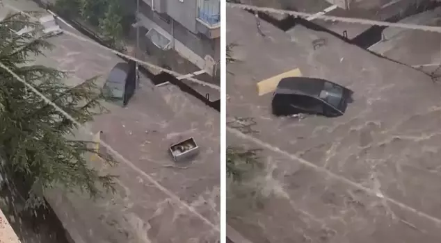 Rain nightmare in Ankara! The waters dragged a vehicle like this.