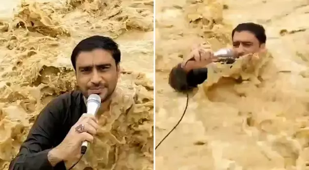 The reporter broadcasting in the floodwaters was swept away by the current.