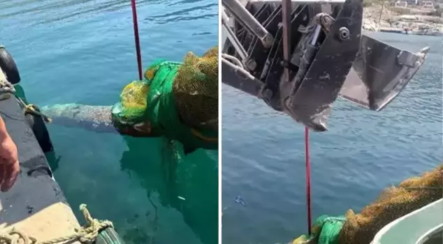 A submarine torpedo got caught in the fishermen's net in Karaburun.