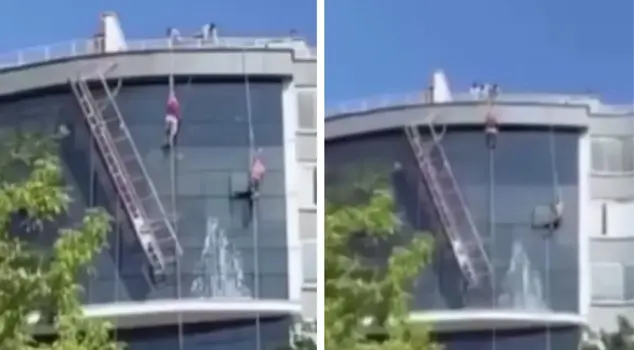 Workers in Samsun had a narrow escape from death! The scaffolding rope broke, but the safety harness saved their lives.