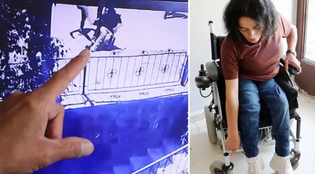 Five men assaulted a disabled woman with kicks and sticks and drew a weapon.