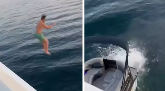 He jumped off the bridge without noticing the boat! He narrowly escaped death.
