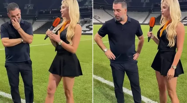Arda Turan's attempt to avoid eye contact with the Ukrainian reporter.