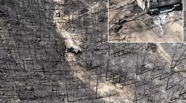 The area where 10 forest workers were martyred! Vehicles turned to ashes, drag marks on the ground.