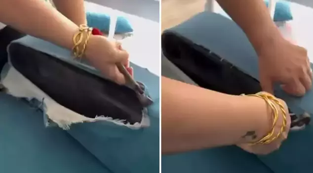 A married couple who thought they bought brand new furniture was shocked when they tore the fabric of the sofa.