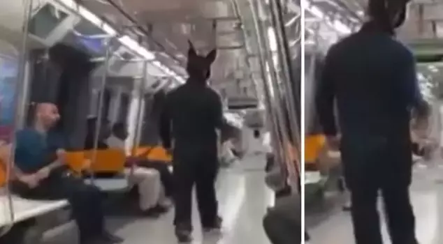 A person wearing a rabbit costume and holding a toy gun was detained while getting on the subway.