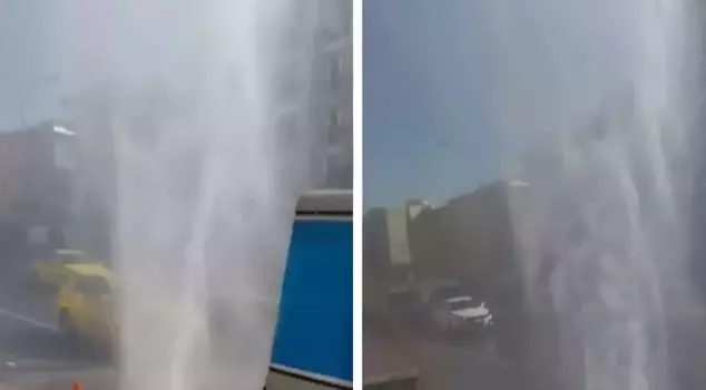 A water pipe burst in Kadıköy! The height reached that of a five-story building.