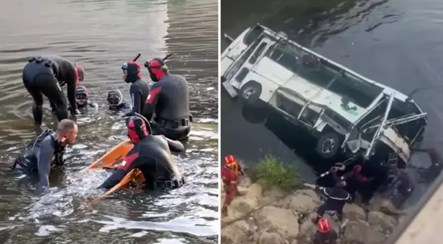 A passenger bus in Algeria plunged off a bridge into a stream: 18 dead.