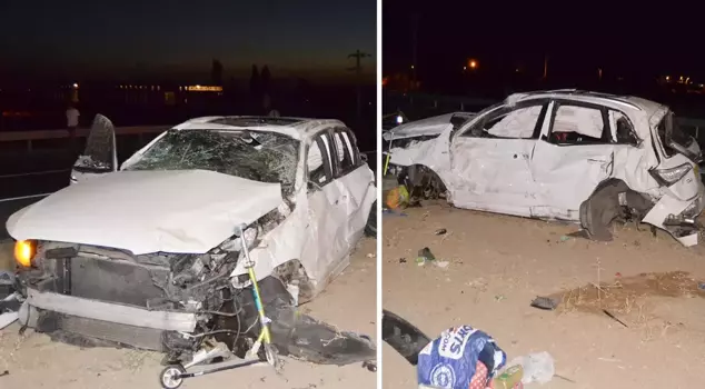 A family on vacation from England had their car overturn: 2 dead, 3 injured.